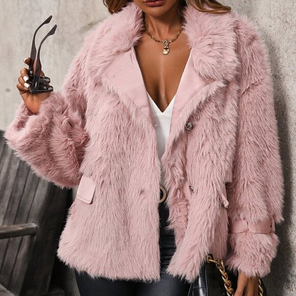 Coral Pink Women's Solid Open Front Fuzzy Coat - Picture 6 of 6